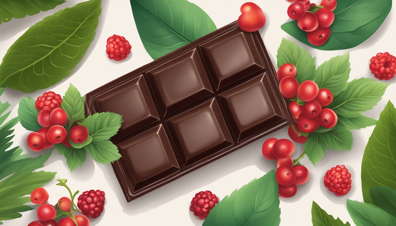 A heart-shaped dark chocolate bar surrounded by vibrant red berries and green leaves