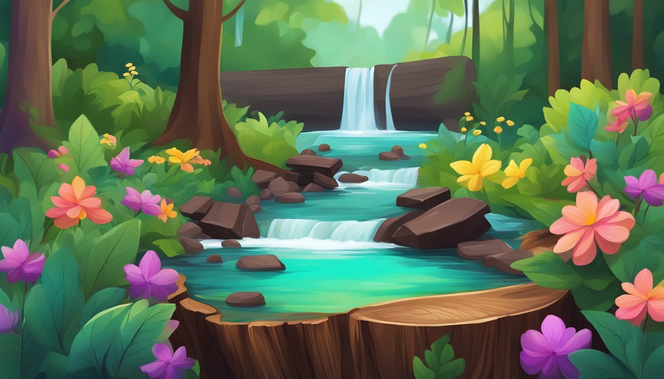 A serene forest with a stream, surrounded by vibrant green foliage and colorful flowers, with a piece of dark chocolate placed on a wooden stump