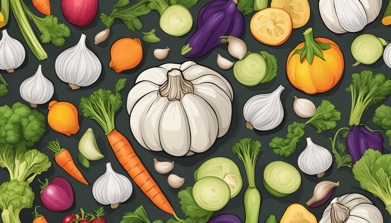 A head of garlic surrounded by various fruits and vegetables, highlighting its nutritional benefits