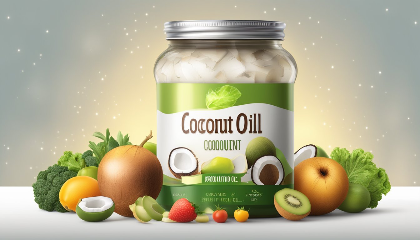 A jar of coconut oil surrounded by various fruits and vegetables, with a glowing halo effect to depict its health benefits