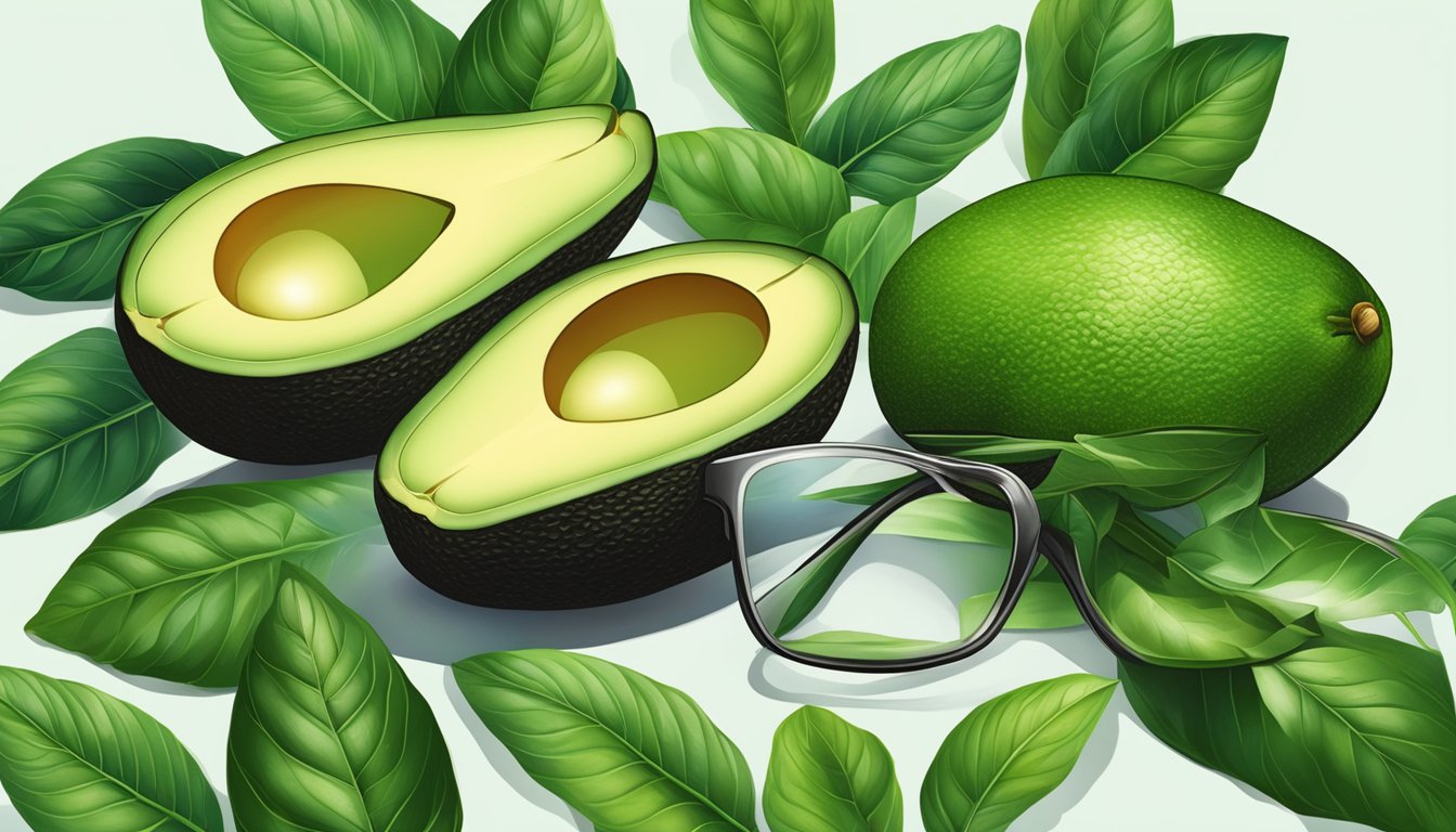 A ripe avocado split open, revealing its creamy green flesh, surrounded by vibrant green leaves and a pair of glasses