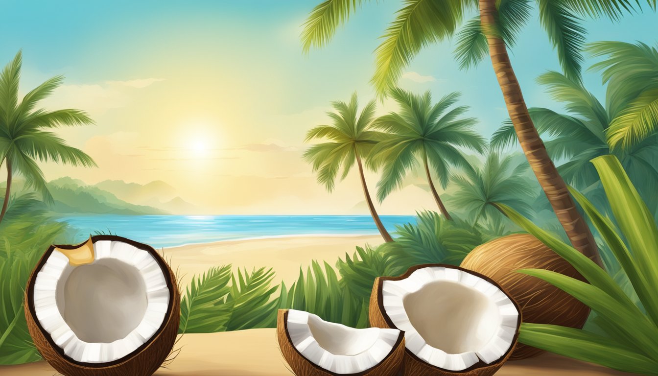 A tropical scene with coconuts, palm trees, and a clear blue sky, showcasing the natural source of coconut oil and its health benefits