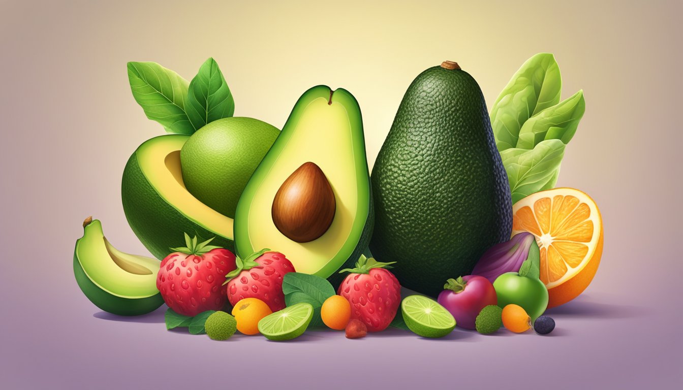 A ripe avocado surrounded by a variety of colorful fruits and vegetables, with a soft, natural light highlighting its smooth, green skin