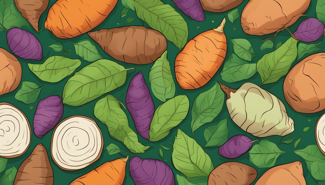 A colorful array of sweet potatoes, showcasing their various shapes and sizes, surrounded by vibrant green leaves and a few scattered soil particles