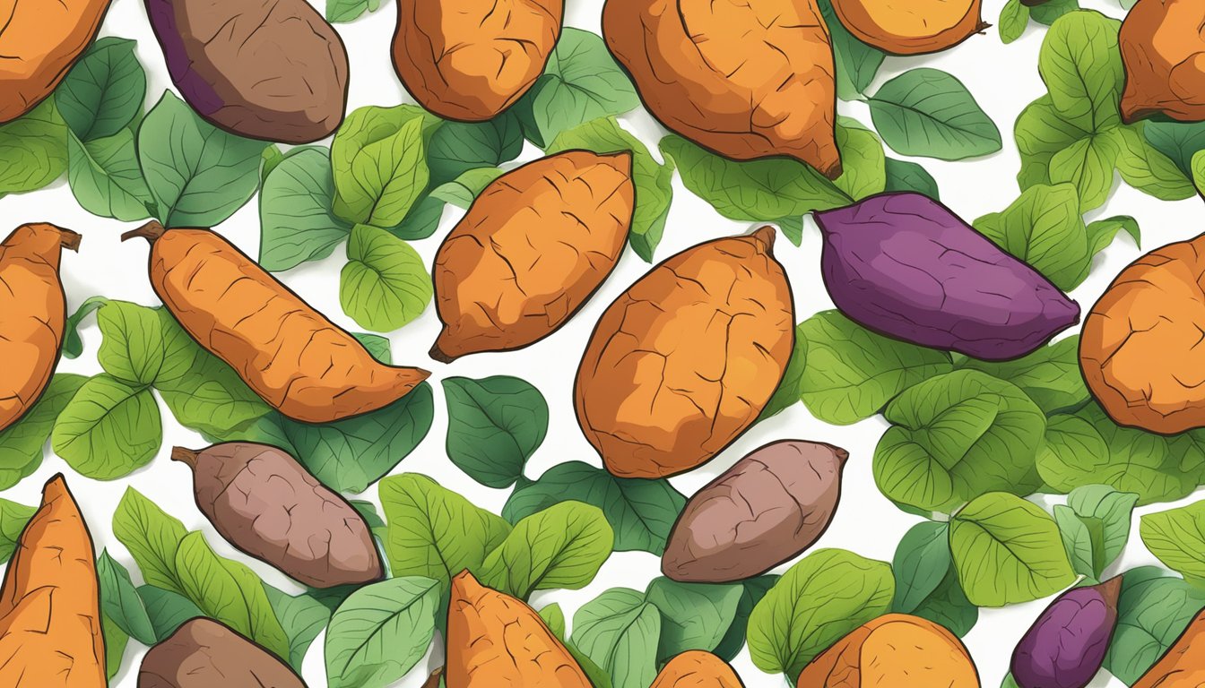 A colorful array of sweet potatoes, showcasing their various shapes and sizes, surrounded by vibrant green leaves and a few scattered soil particles