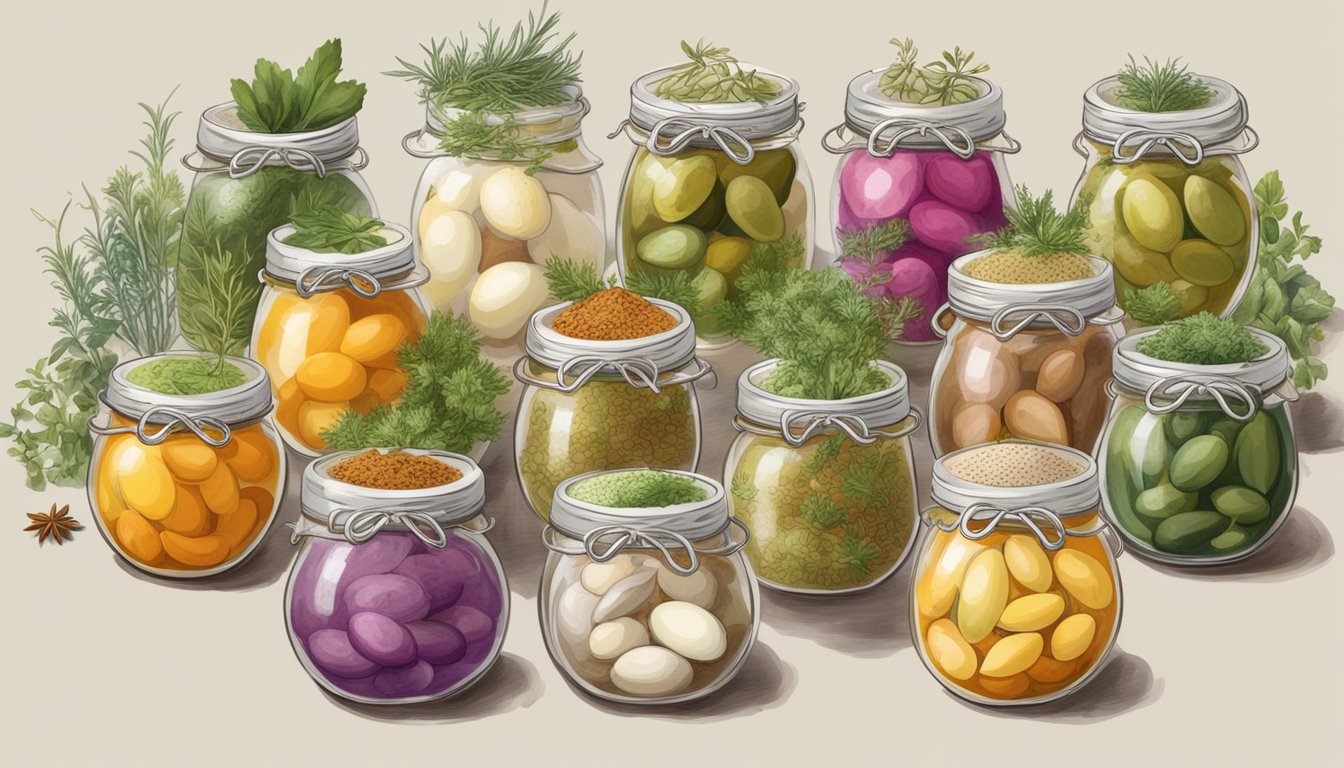 A colorful array of pickled eggs surrounded by herbs and spices, with labels indicating different flavor variations and recommendations