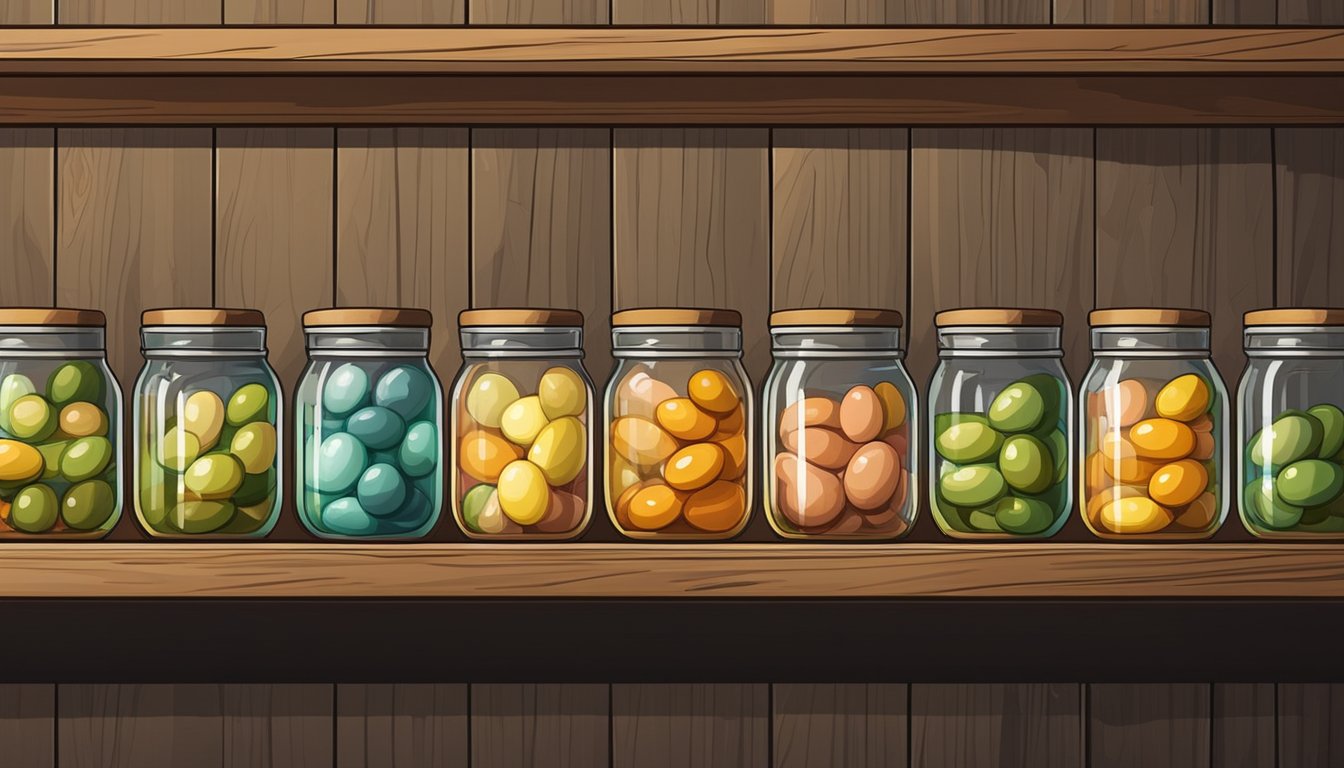 A row of glass jars filled with pickled eggs, neatly organized on a wooden shelf in a cool, dimly lit pantry