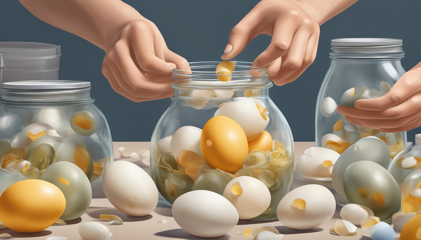 A jar of pickled eggs with a cloudy brine and visible signs of spoilage. A frustrated person holds the jar, surrounded by discarded eggshells and vinegar bottles