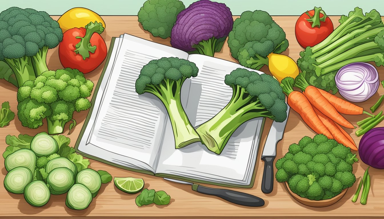 A colorful kitchen scene with a vibrant green broccoli placed on a cutting board, surrounded by other fresh vegetables and a cookbook open to a page about the health benefits of broccoli