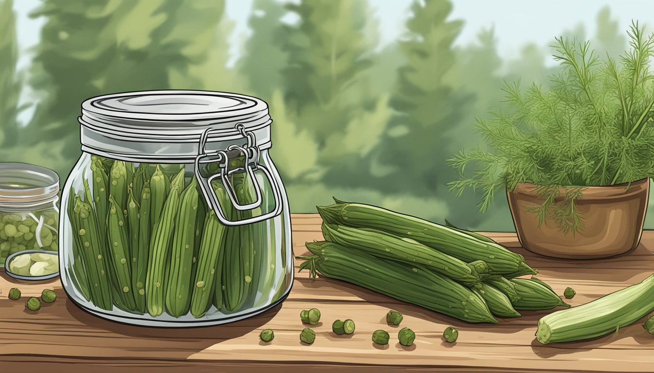 A large glass jar filled with okra submerged in a tangy pickling brine, surrounded by fresh dill, garlic, and colorful peppercorns