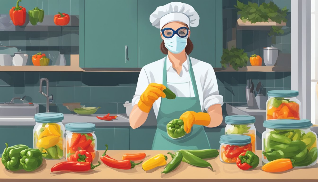 A person wearing gloves and goggles carefully slices and jars fresh peppers in a well-ventilated kitchen