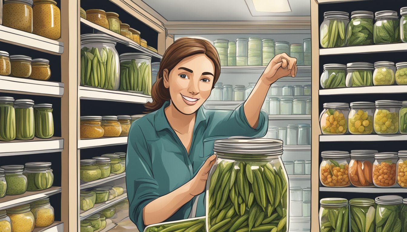 A person placing jars of pickled okra on a shelf in a pantry