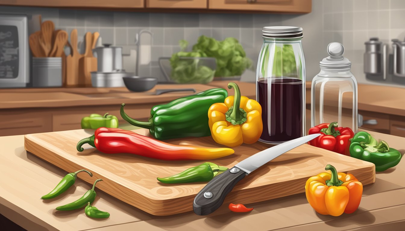 A wooden cutting board with assorted pickling peppers, a sharp knife, and a jar of vinegar on a kitchen countertop