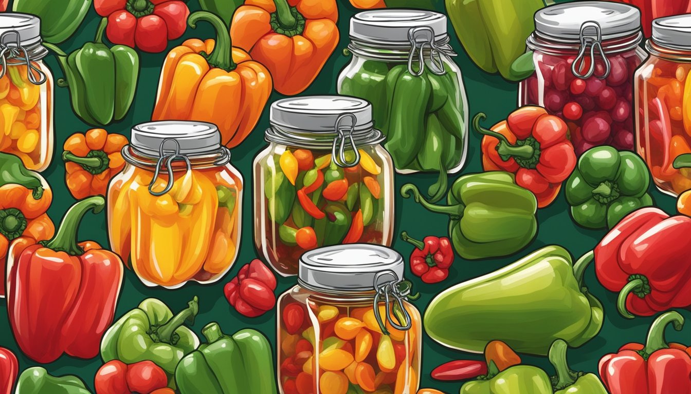 A colorful array of peppers, ranging from vibrant red to deep green, are being carefully placed into glass jars filled with a tangy vinegar solution