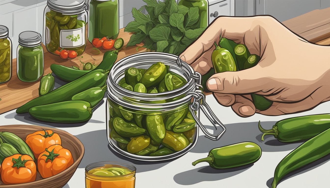 A hand reaching for a jar of pickling jalapenos, surrounded by various fresh vegetables and jars of pickling liquid on a kitchen counter