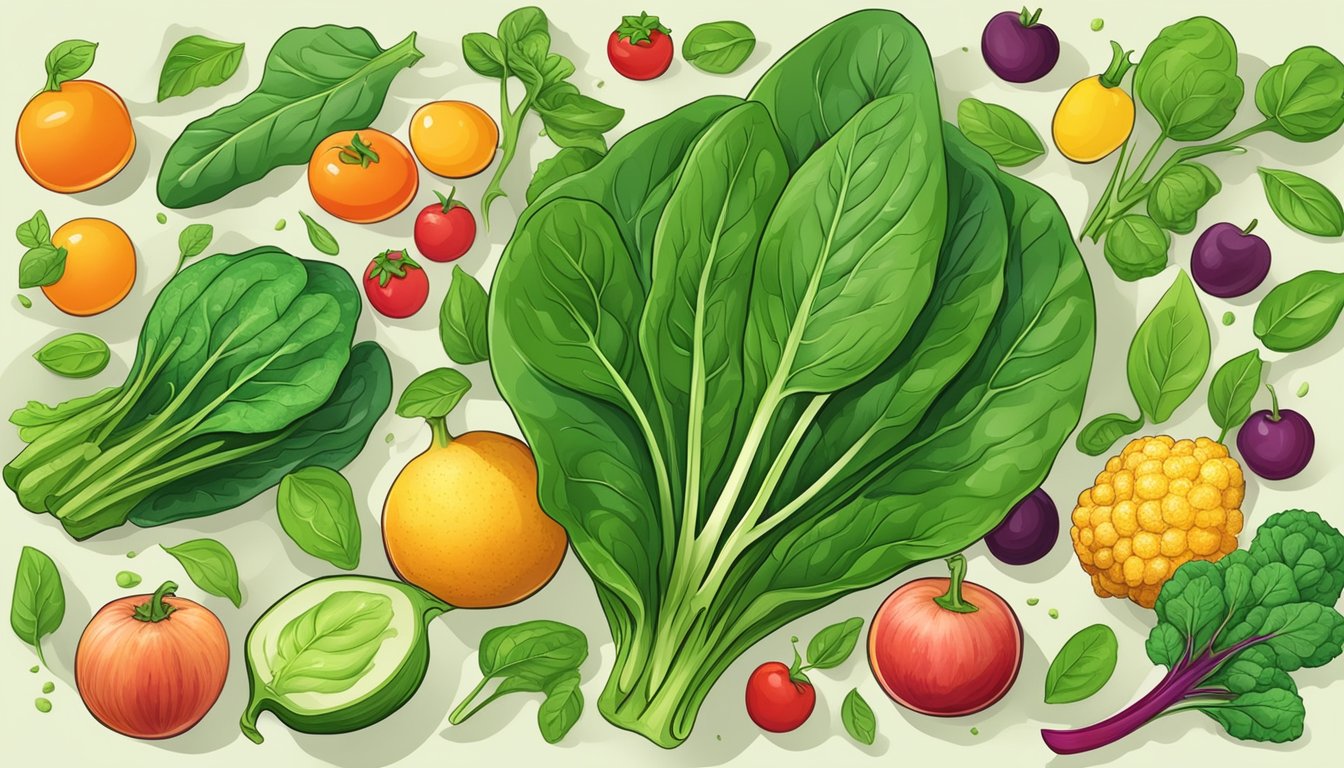 A vibrant green spinach leaf surrounded by various fruits and vegetables, symbolizing the health benefits of spinach for specific health conditions