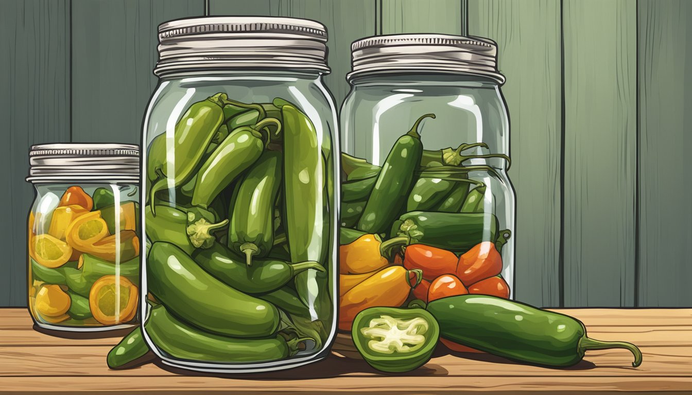 A mason jar filled with pickled jalapenos sits on a wooden shelf, surrounded by other preserved goods