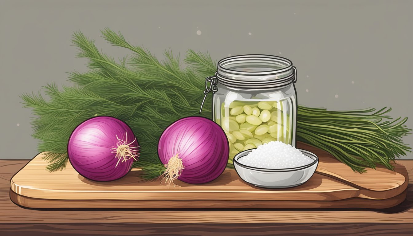 A rustic wooden cutting board with a jar of pickled onions, a sprig of fresh dill, and a small bowl of coarse salt