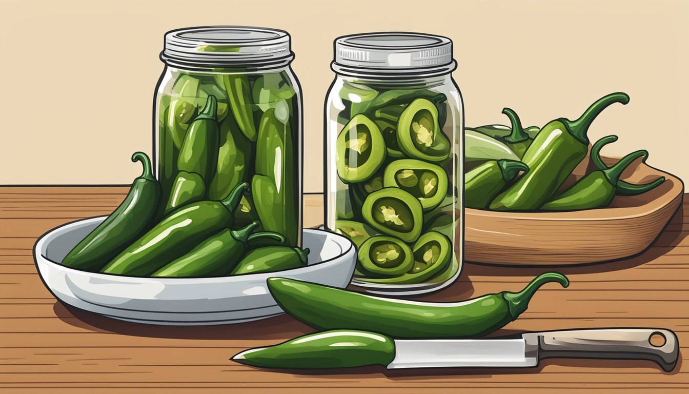 A jar of pickled jalapenos surrounded by fresh whole and sliced jalapenos, a cutting board, a knife, and a small bowl of vinegar