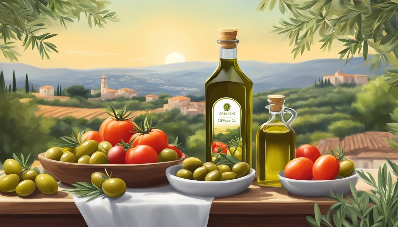 A bottle of olive oil surrounded by fresh olives, tomatoes, and herbs, with a Mediterranean landscape in the background