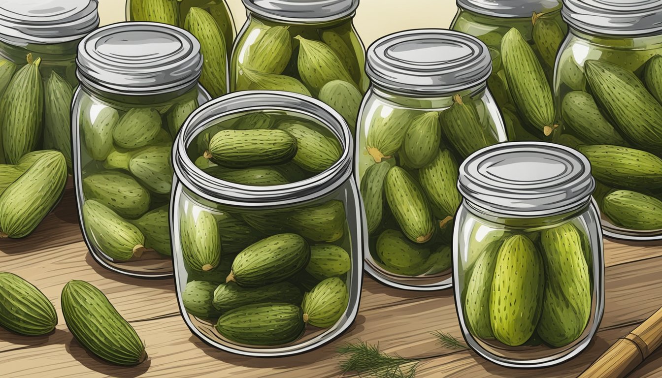 Gherkins submerged in vinegar-filled jars, surrounded by dill, garlic, and spices, ready for the pickling process