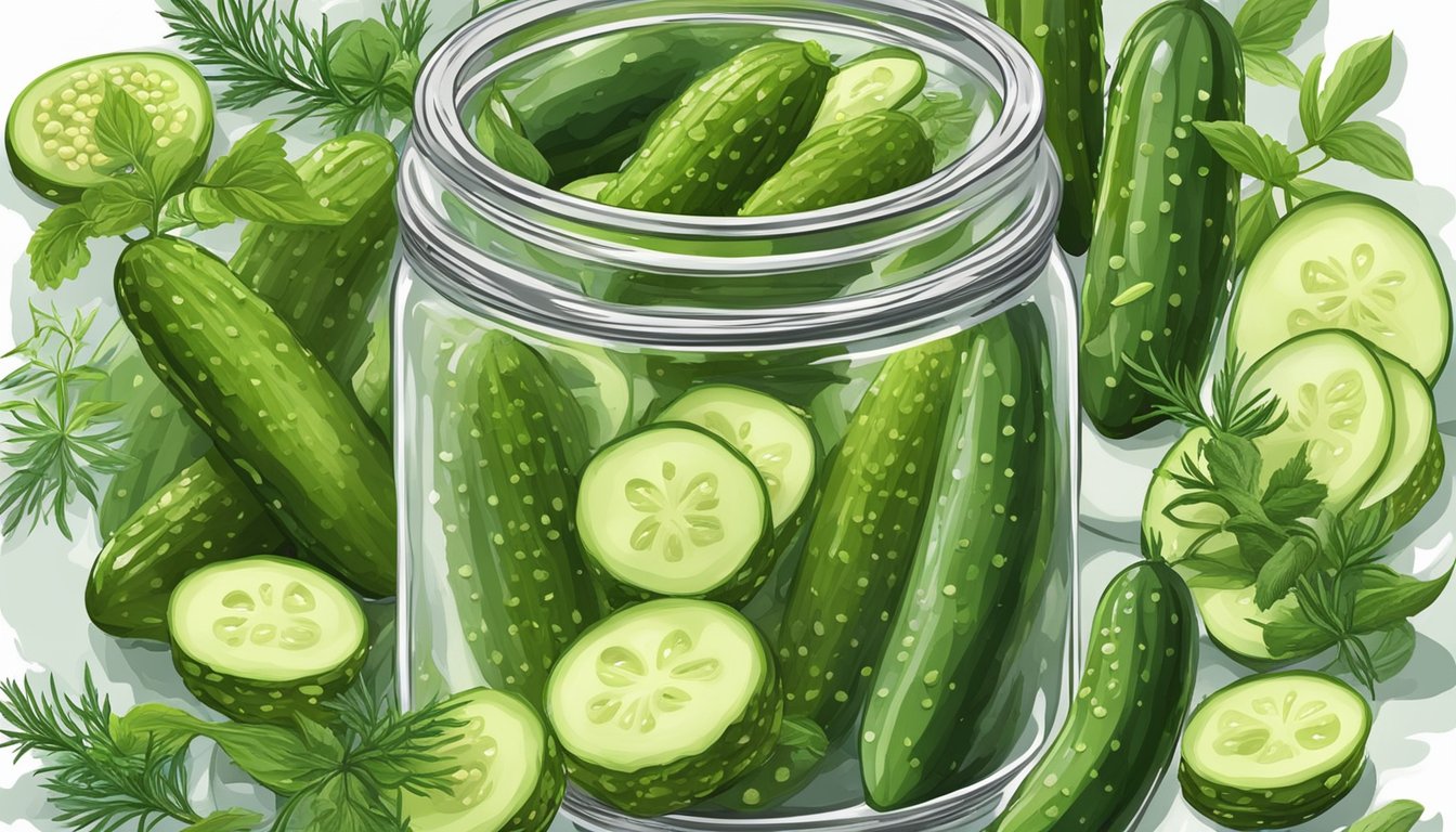 A glass jar filled with small gherkin cucumbers surrounded by herbs and spices