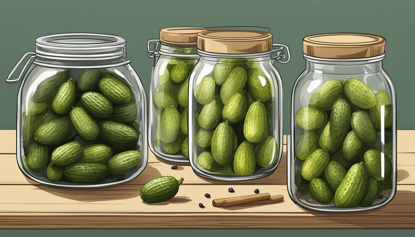 Fresh gherkins being washed, sliced, and packed into jars with vinegar and spices, ready for canning and storing