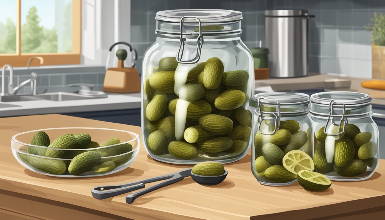 A glass jar filled with gherkins and a small bowl of pickling spices on a kitchen counter. A pair of tongs and a funnel sit nearby