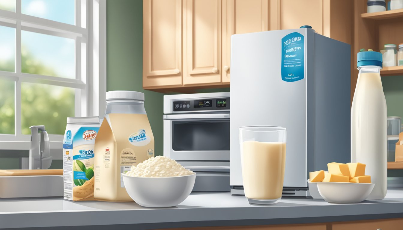 A carton of soy milk sits on a kitchen counter next to a refrigerator. The refrigerator door is open, showing other dairy and non-dairy products inside