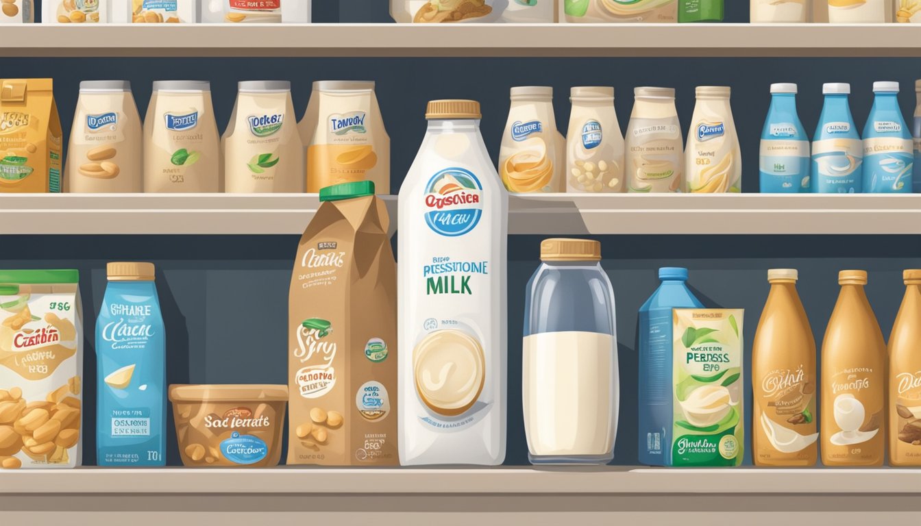 A carton of soy milk sits on a shelf next to other non-perishable items in a pantry