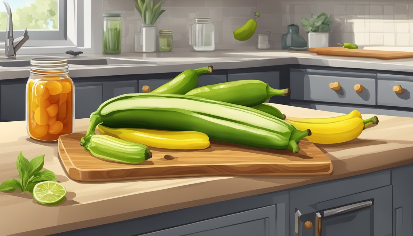 A cutting board with fresh banana peppers, a knife, vinegar, salt, and jars on a kitchen counter