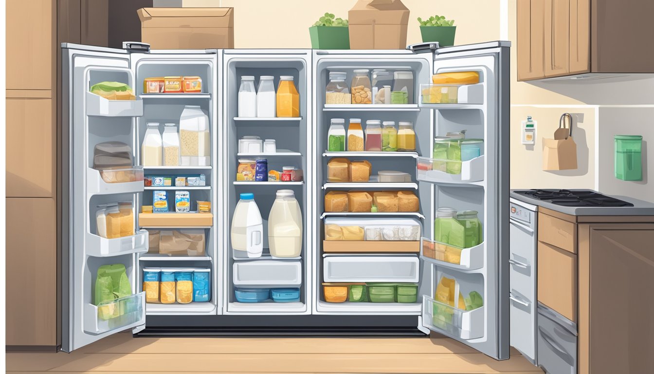 A refrigerator with an open door, containing a carton of soy milk and other perishable items, surrounded by safety stickers and best practice guidelines