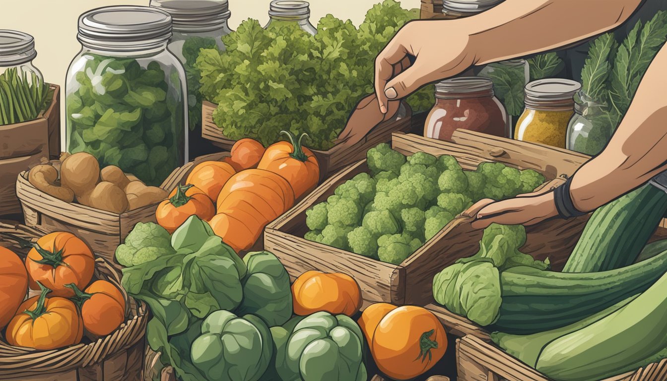 A hand reaching for fresh vegetables in a market basket. Jars and pickling spices sit nearby