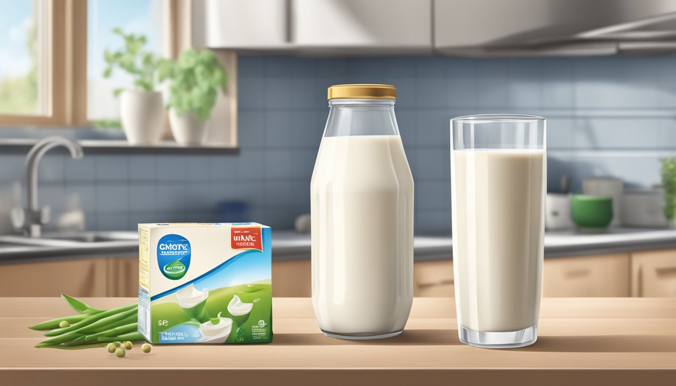 A carton of soy milk sits on a kitchen counter, with a refrigerator in the background