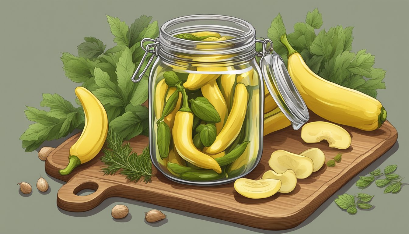 A jar of pickled banana peppers surrounded by fresh herbs and spices on a wooden cutting board