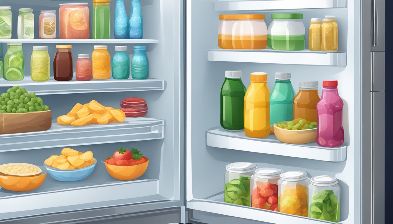 A refrigerator with a bottle of probiotics inside, surrounded by various types of food and drinks