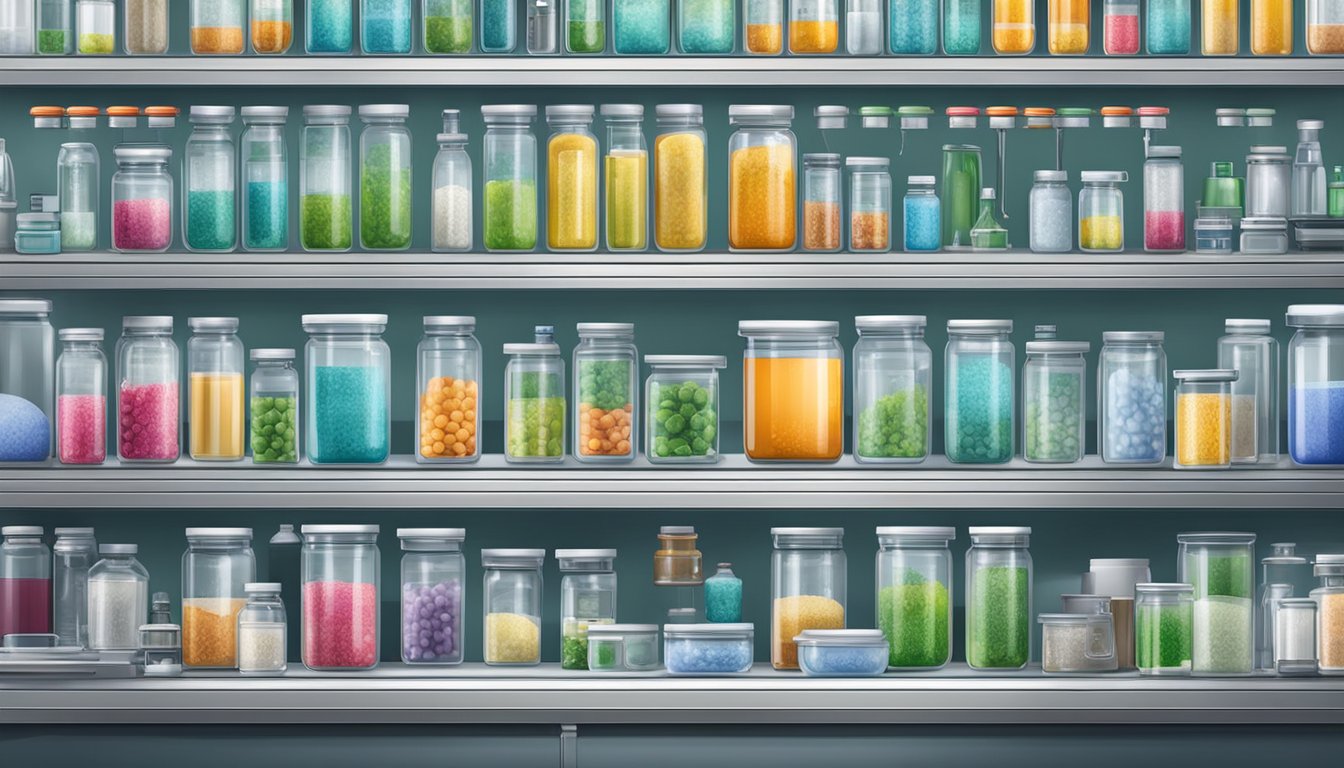 A shelf with probiotic containers, some refrigerated and some not, surrounded by temperature gauges and scientific equipment