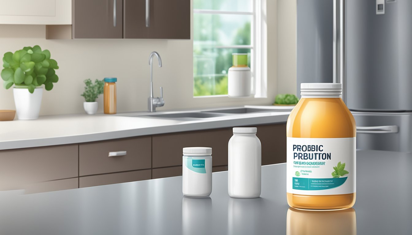 A bottle of probiotic formulation sitting on a kitchen counter next to a refrigerator