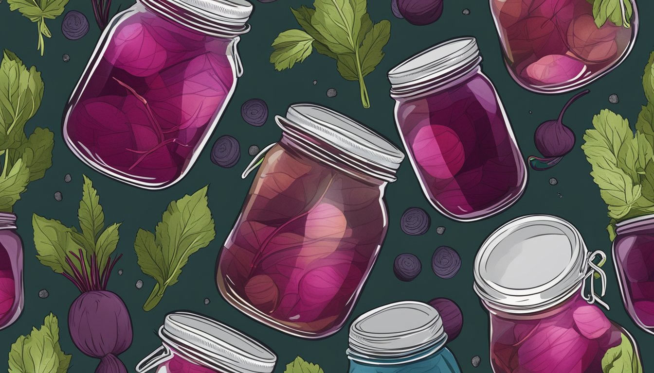 Beets submerged in jars of colorful pickling brine, surrounded by various herbs and spices