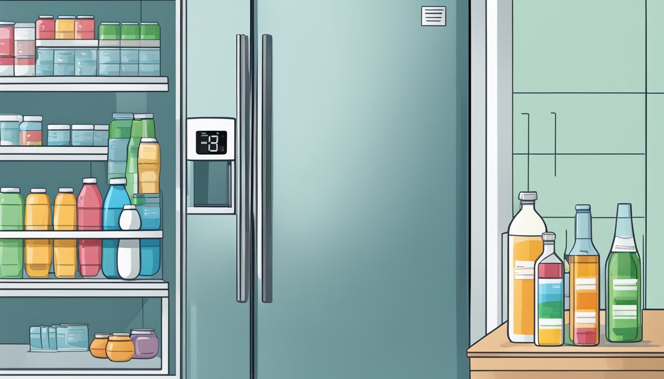 A refrigerator with a bottle of probiotics next to it, a thermometer showing the temperature, and a label indicating the need for refrigeration