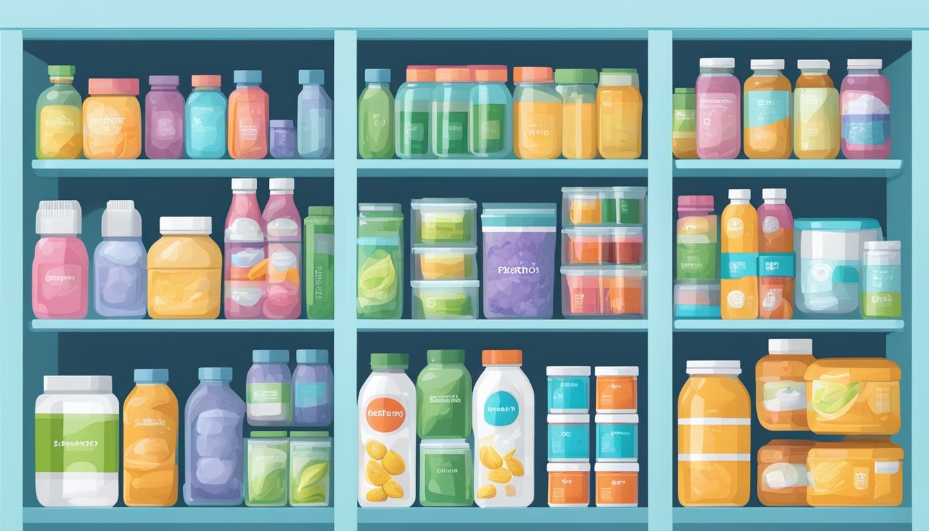 A refrigerator with a variety of probiotic products on the shelves, surrounded by colorful packaging and labels