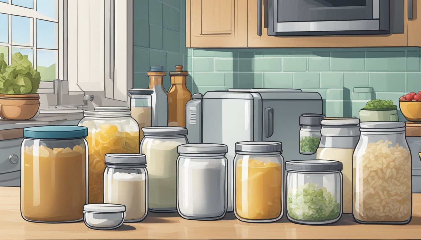 A variety of probiotic-rich foods sit on a kitchen counter, including yogurt, kefir, and sauerkraut. The refrigerator door is slightly ajar, indicating that some probiotic products may need to be refrigerated