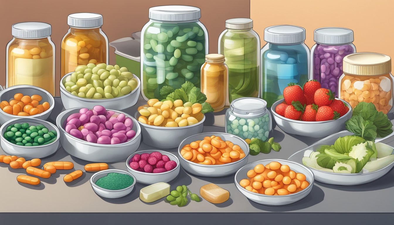 A colorful array of probiotic capsules and various food sources, some refrigerated and some not, displayed on a kitchen counter