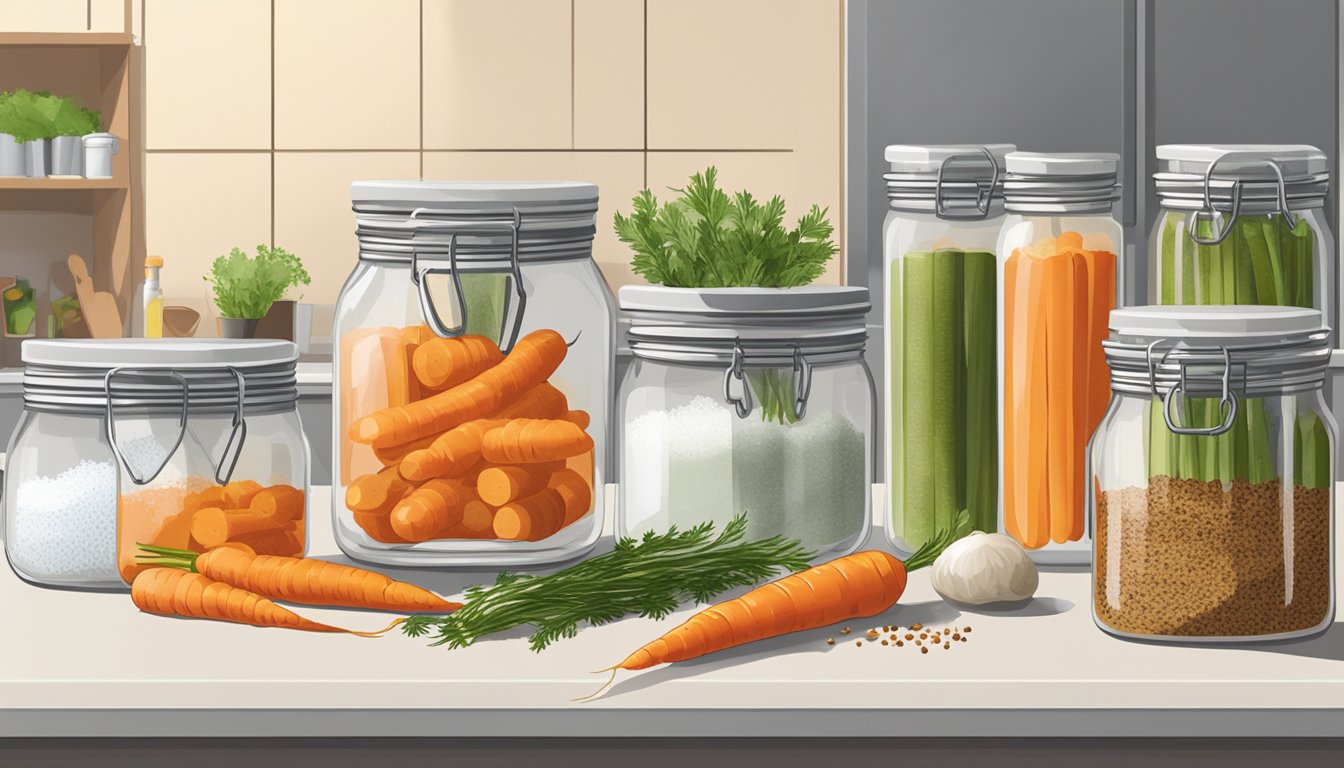 Fresh carrots, vinegar, salt, water, and pickling spices arranged on a clean kitchen counter