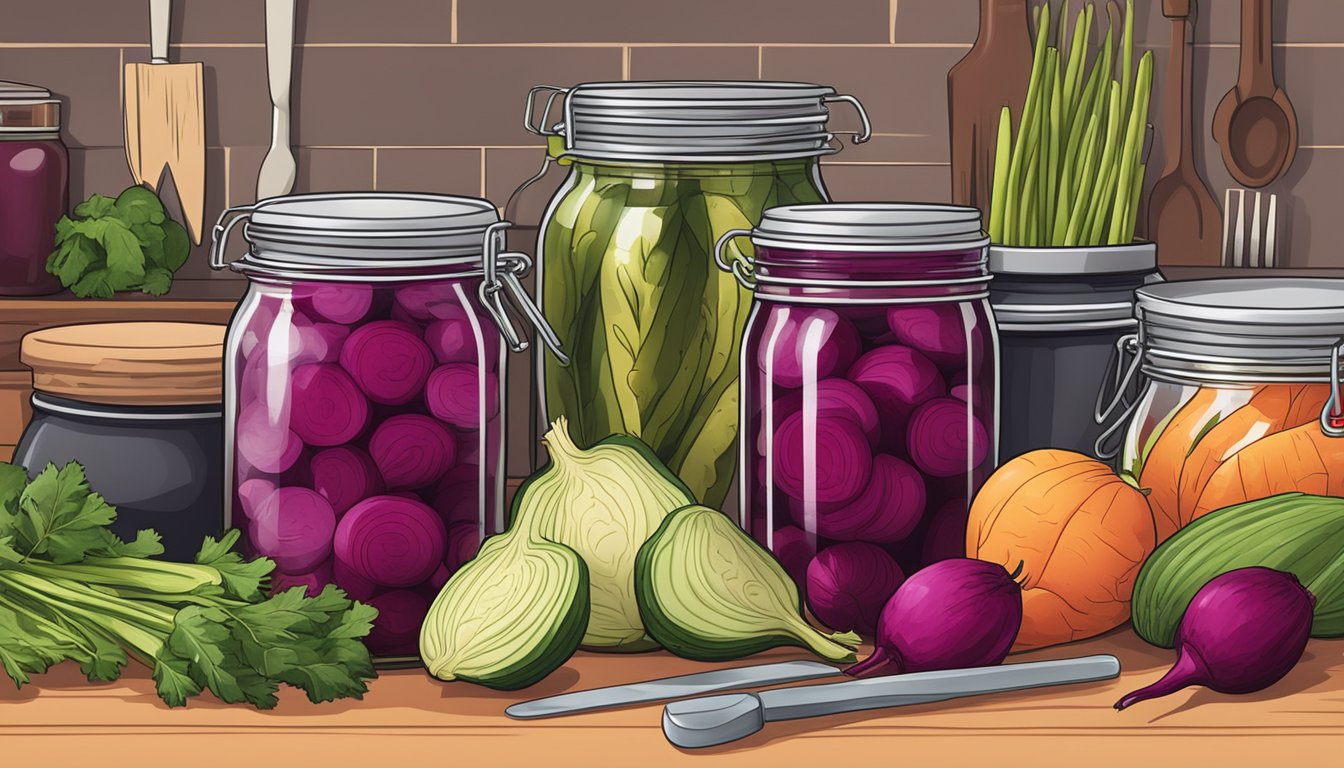 A jar of pickled beets surrounded by various pickling ingredients and tools on a kitchen counter