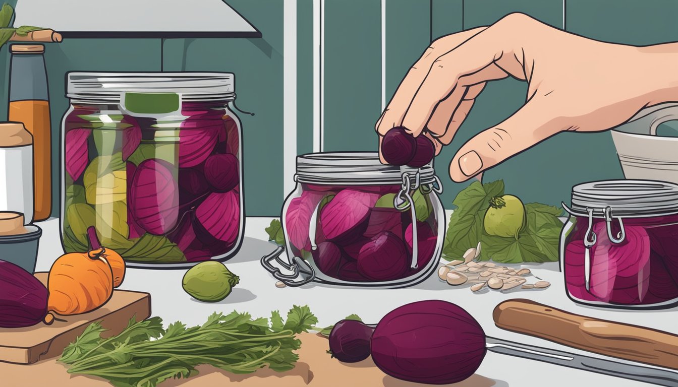 A hand reaching for a jar of pickled beets, surrounded by various pickling ingredients and tools on a kitchen counter