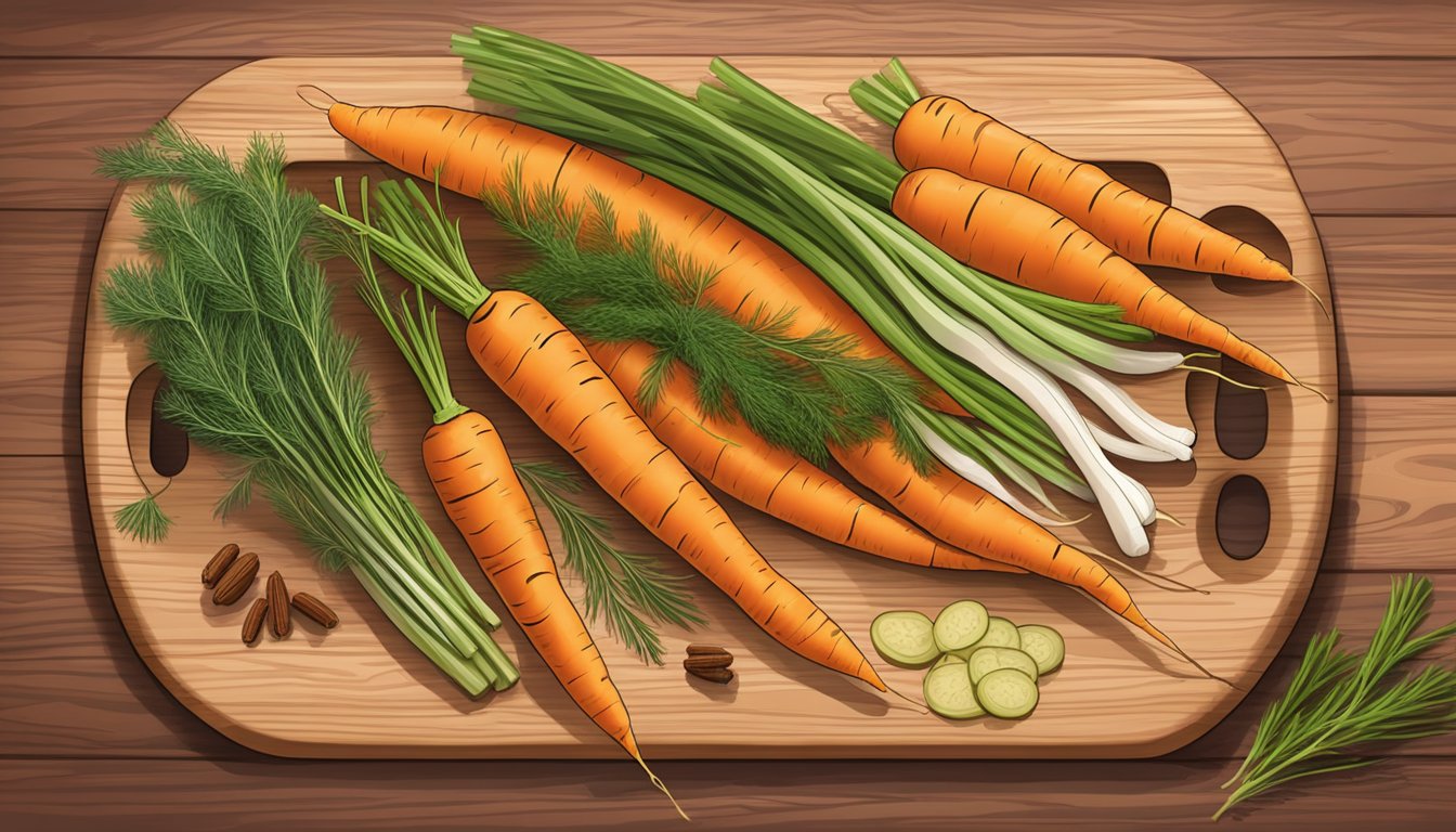 A rustic wooden cutting board with sliced carrots, fresh dill, and spices arranged for pickling