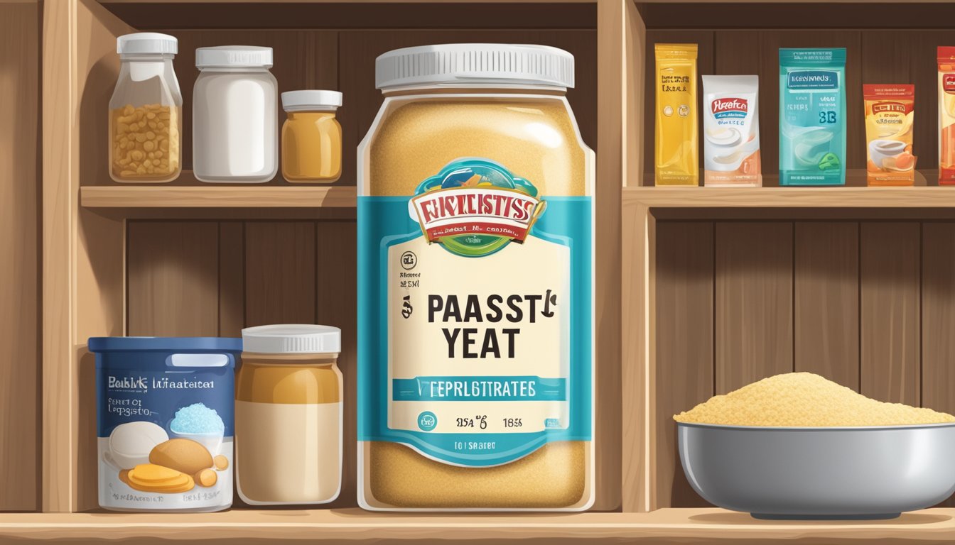 A sealed packet of yeast sits on a pantry shelf next to other baking ingredients, with a thermometer showing a stable room temperature