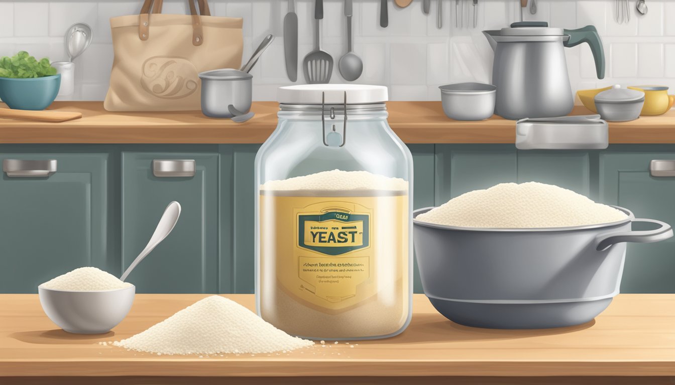 A jar of yeast sitting on a kitchen counter next to a bag of flour and a measuring spoon