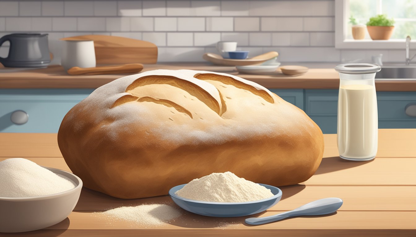 A packet of yeast sits on a kitchen counter next to a loaf of bread and a measuring spoon. The counter is clean and well-lit, with a bowl of flour in the background